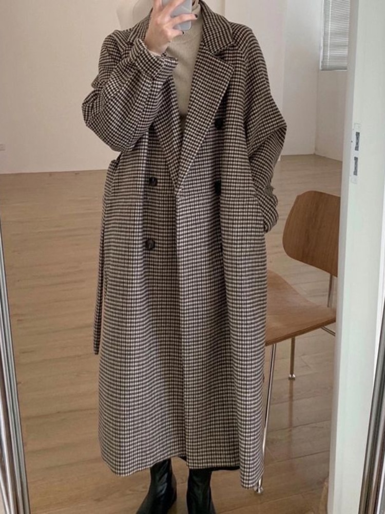 여성용 트위드 울 트렌치 코트, 한국 패션, 가을 겨울 의류, 2023 격자 무늬 롱 재킷, 우아한 오피스 레이디