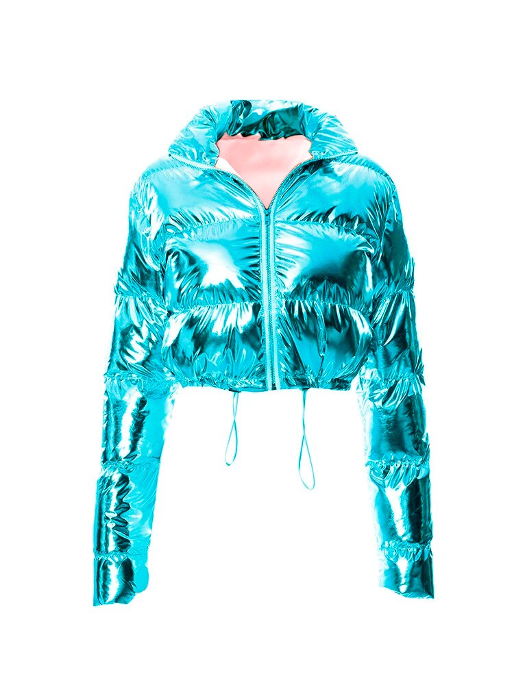 여성용 블루 메탈릭 샤이니 버블 퀼트 코트, 2024 겨울 따뜻한 파카, 긴팔 크롭 푸퍼 재킷, 골드 패션
