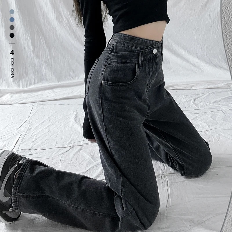 Ousssyu 청바지 여성 넓은 다리 바지 엄마 Femme 블랙 블루 진 높은 허리 브랜드 의류 Pantalones Spodnie Damskie