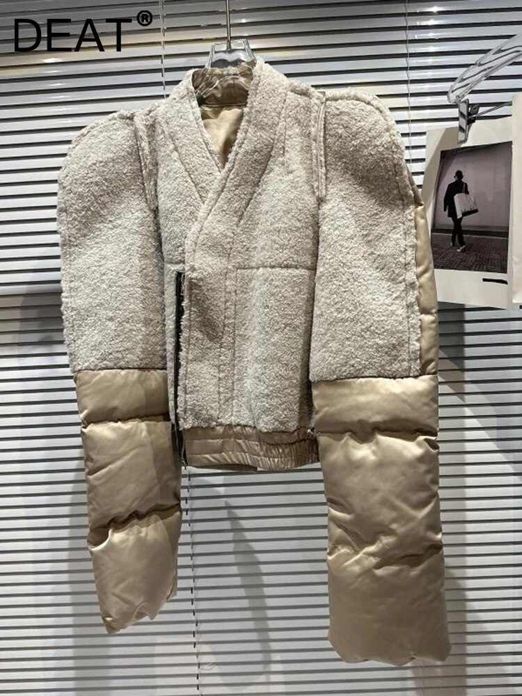 DEAT 여성용 패치워크 지퍼 디자인 코튼 패딩 코트, 느슨한 턴다운 칼라, 긴팔 재킷, 2023 봄 패션, 11P01337