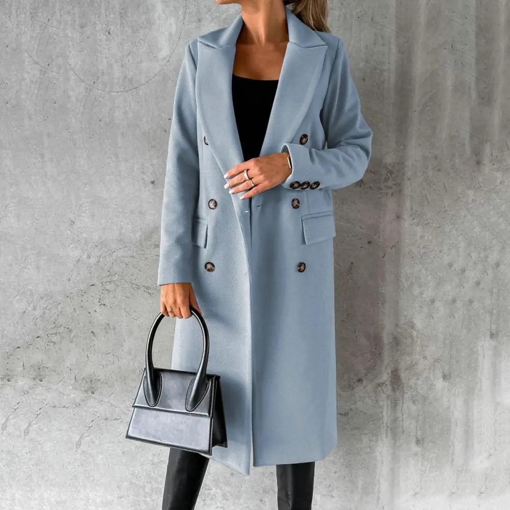 여성용 슬림핏 더블 브레스티드 롱 재킷, 단색 모직 코트, 턴다운 칼라 아우터, 오버코트, 가을 겨울, 신상