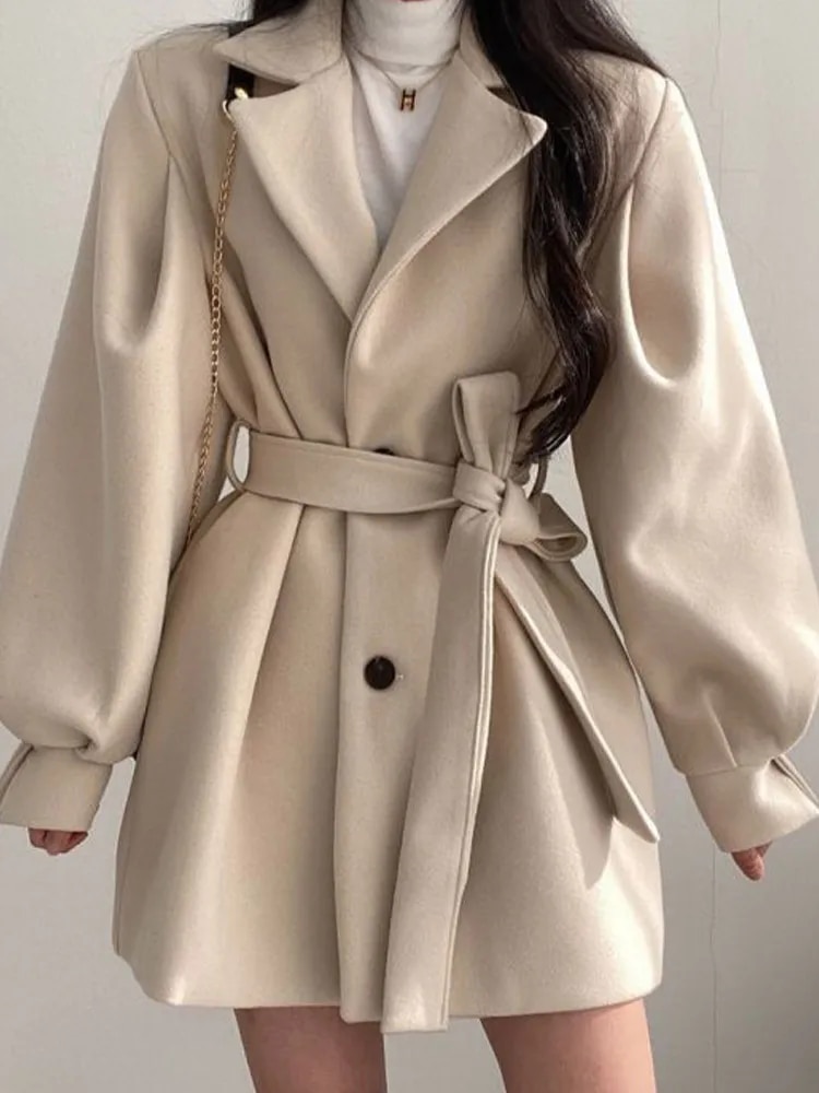 여성용 턴다운 칼라 트렌치 재킷, 긴 퍼프 소매 의류, 우아한 벨트 코트, 세련된 미디 상의, 한국 두꺼운 따뜻한 가을