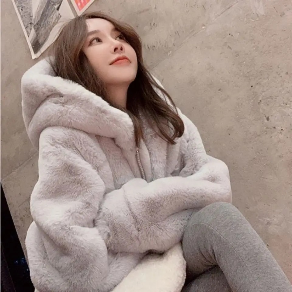 여성용 인조 밍크 모피 재킷, 2023 두꺼운 플리스 코트, 한국 버전, 느슨한 토끼 봉제 후드 털