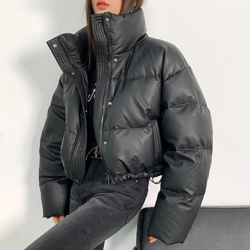 Gidyq 겨울 PU 가죽 크롭 파카, 여성 패션 스트리트웨어, 두껍고 따뜻한 다운 재킷, 올 매치 지퍼 퍼프 아우터