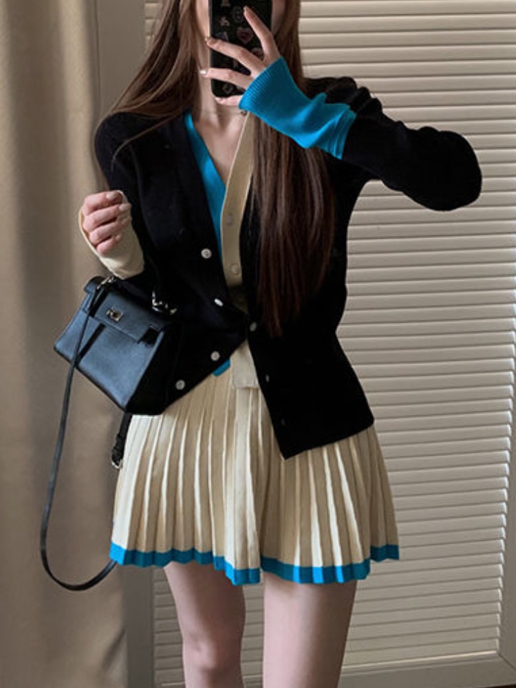 프레피 스타일 여성용 스위트 2 종 세트, 색상 대비 우아한 니트 스커트 한국 패션 캐주얼 시크 2024 겨울