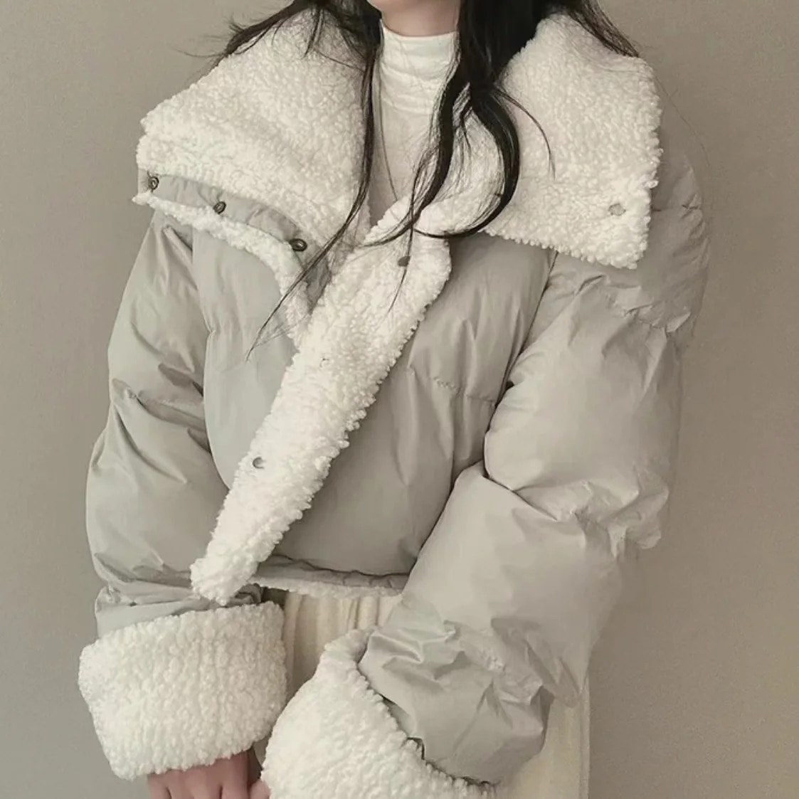 짧은 겉옷 여성 한국 스타일 옷깃 모조 양면 양모 면패딩 재킷 느슨한 착용 긴 소매 다운 코트 야외 면화 패딩 겨울
