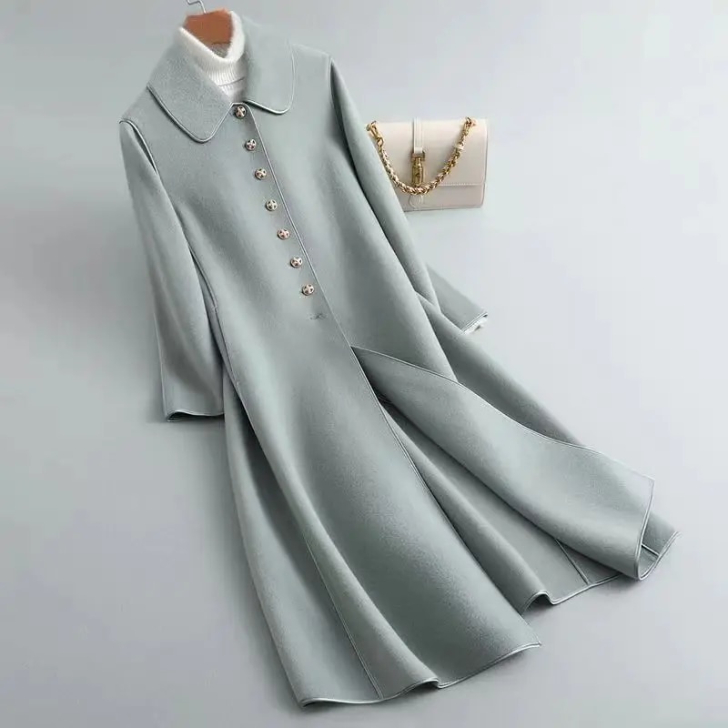 여성용 우아한 싱글 브레스트 모직 트렌치 코트, 긴팔 라펠 슬림 재킷, 가을 겨울 오버코트, 한국 패션
