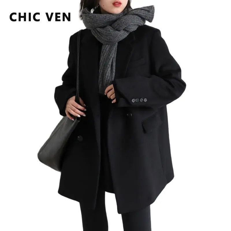 CHIC VEN 여성용 양모 혼방 코트, 단색 미드 롱 모직 블레이저, 두껍고 따뜻한 블라우스, 오피스 레이디 오버코트 상의, 가을 겨울