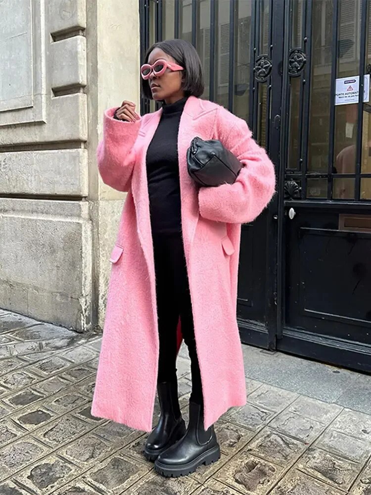 여성용 핑크 울 혼방 루즈 코트, 라펠 칼라 포켓, 긴팔 재킷, 우아한 따뜻한 여성 오버코트, 가을 겨울 패션
