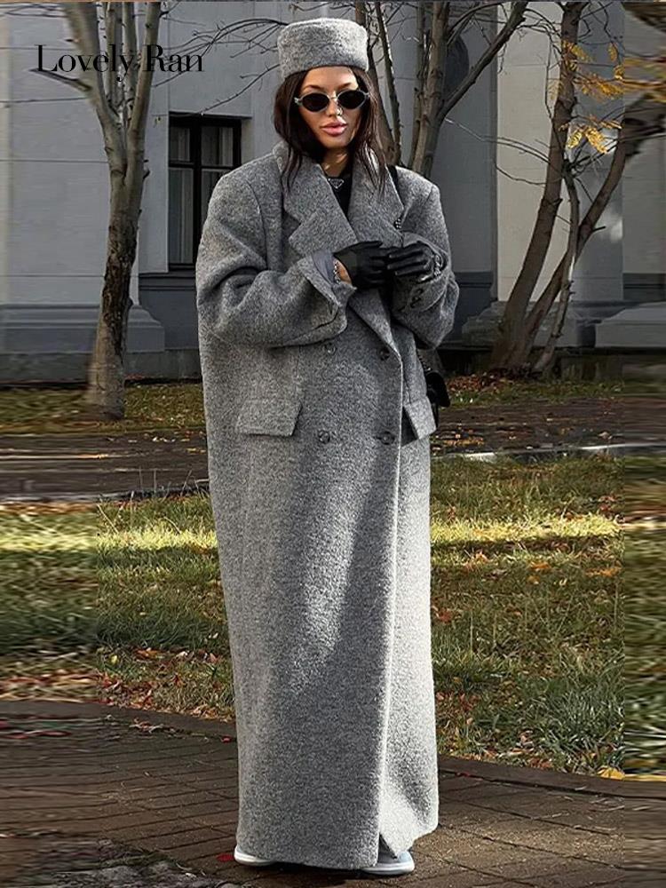 여성용 라펠 롱 코트, 우아한 가짜 포켓, 더블 브레스트 재킷, 두꺼운 회색, 오버사이즈 레이디 스트레이트 아웃웨어, 패션