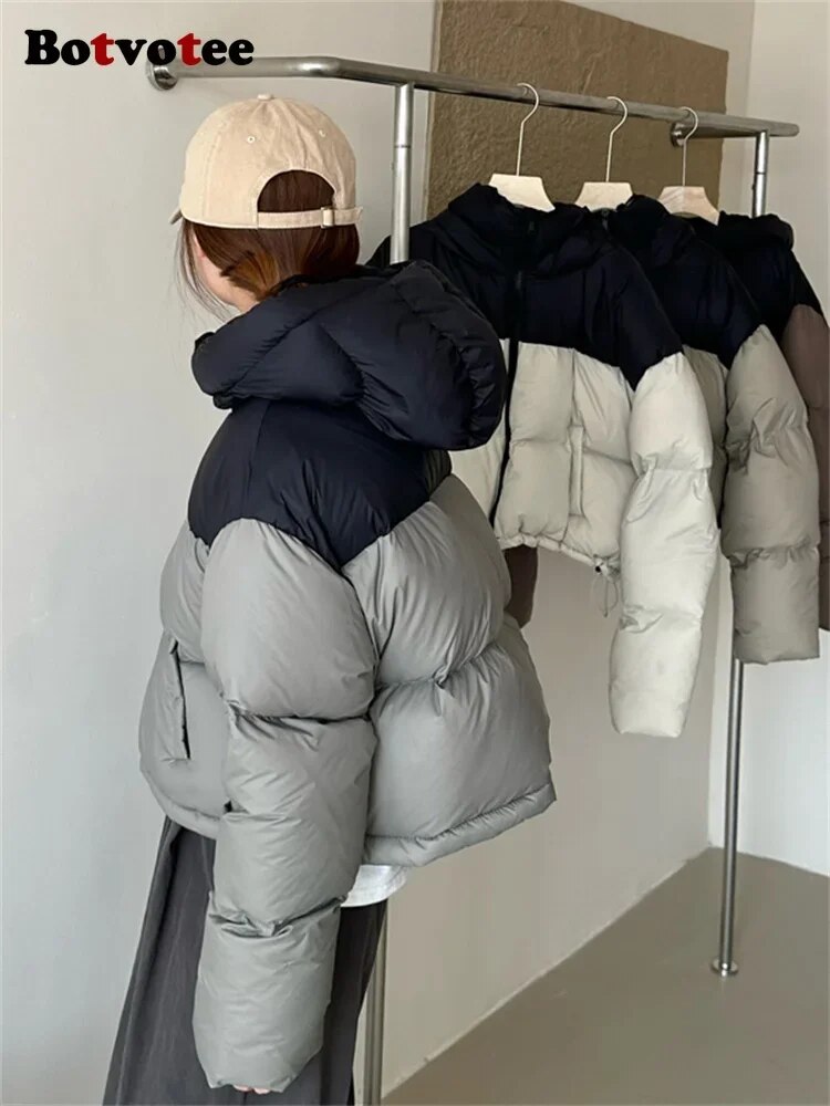 Botvotee 여성용 스플라이스 파카, 두꺼운 긴팔 재킷, 오버사이즈 후드, 지퍼 다운, 짧은 코트, 가을, 겨울, 2023 신상