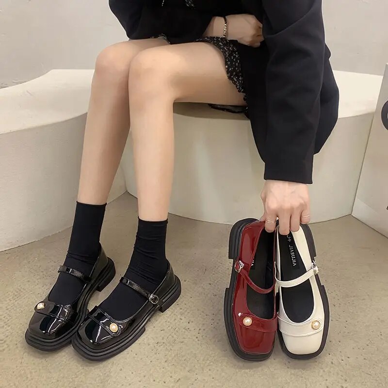 레드 메리 제인 일본 스타일 로리타 진주 고딕 신발, 여성용 여름 2023 블랙, 도매 제공, 최신식 A