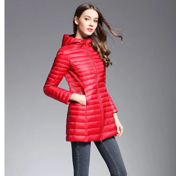 여성용 롱 다운 재킷, 라이트 미디 후드, 화이트 덕 한국 스타일 바람막이 코트, 가을 겨울 패션