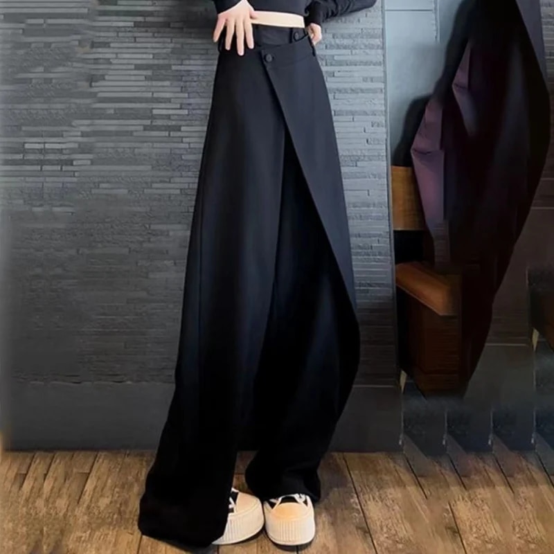 새로운 패션 불규칙한 스티치 스트레이트 바지, 여성 가을 디자인 스타일 튀김 거리 드레이프 정장 매운 트렌드