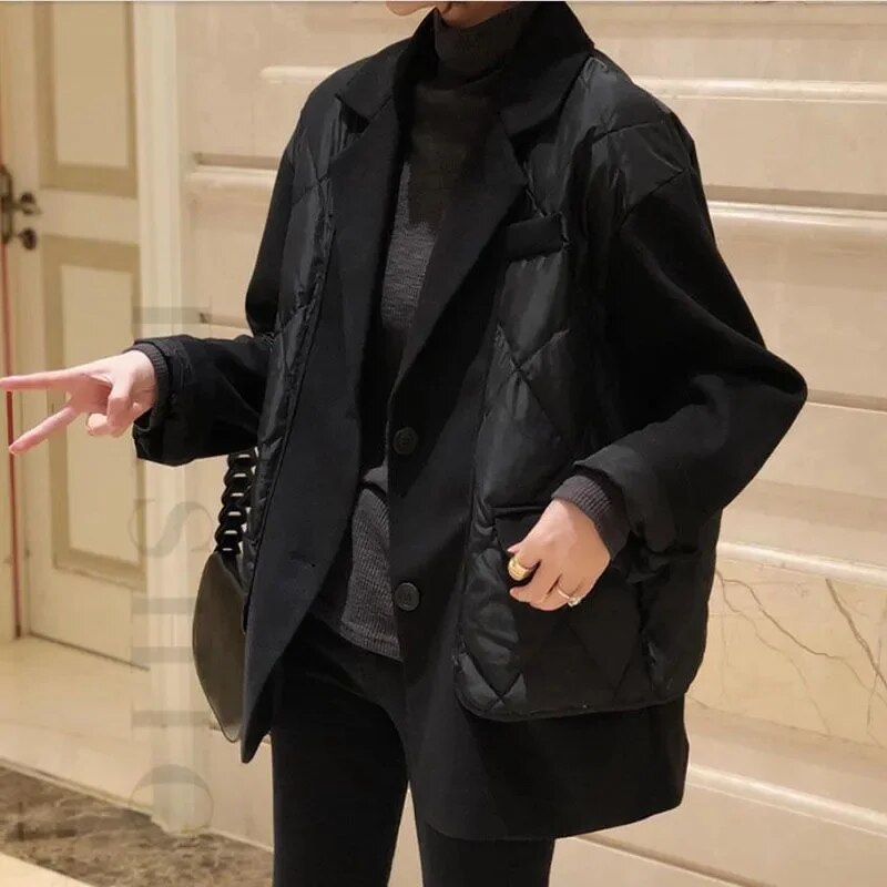 여성용 블랙 페이크 투피스 정장 칼라 다운 재킷, 한국 스타일 2022 가을 겨울 신상 여성 코트, 유럽역 트렌드