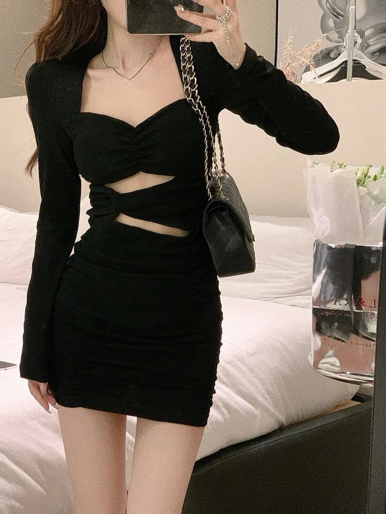 우아한 빈티지 Y2k 미니 드레스 여성용, 순색 긴팔 짧은 파티 오피스 한국 블랙 바디콘 2022 가을 상품