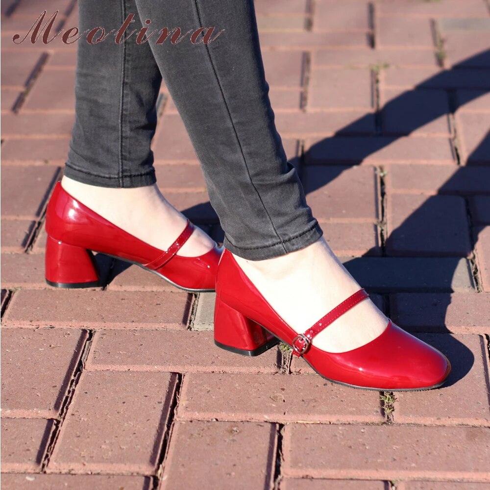 Meotina 여성용 메리 제인 하이힐 신발, 특허 가죽, 미드 힐 펌프 버클, 스퀘어 토, 레드 플러스 사이즈 33-43