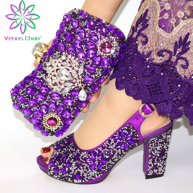 나이지리아 파티용 신발 및 매칭 가방, 여성용 슬립온 이탈리아 세트, 라인석 장식, 신제품