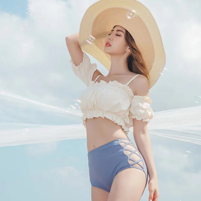 여성용 비키니 세트, 패딩 오프 숄더 하이웨이스트 수영복, 고품질 비치슈트, 한국 디자인