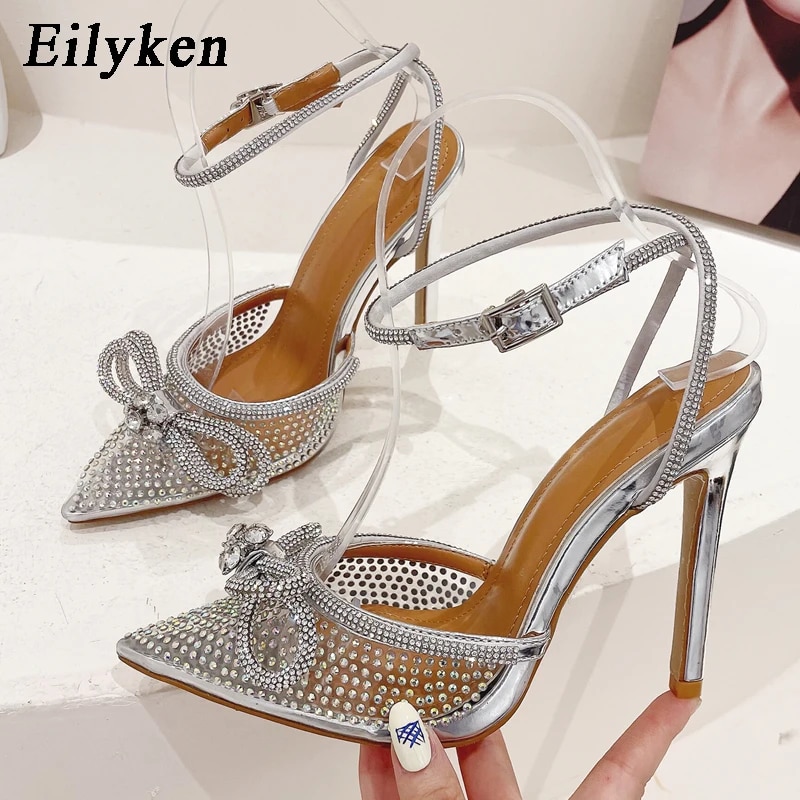 Eilyken-섹시한 나비 매듭 크리스탈 하이힐 펌프스, PVC 투명, 웨딩 파티 샌들, 뾰족한 발가락, 봄 신발, 신상