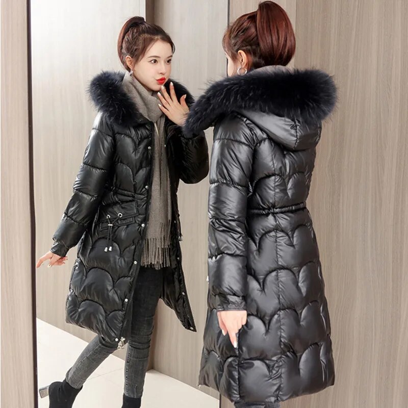 Fdfklak 여성용 2024 겨울 재킷, 큰 모피 칼라 코튼 코트, 밝은 얼굴 후드, 긴 따뜻한 다운 한국 버전, 신상