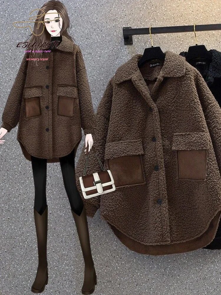 오버사이즈 여성 코트, 베르베르 플리스, 홍콩 스타일 감각적인 디자인 재킷, 얇은 의류, 가을 겨울 신상