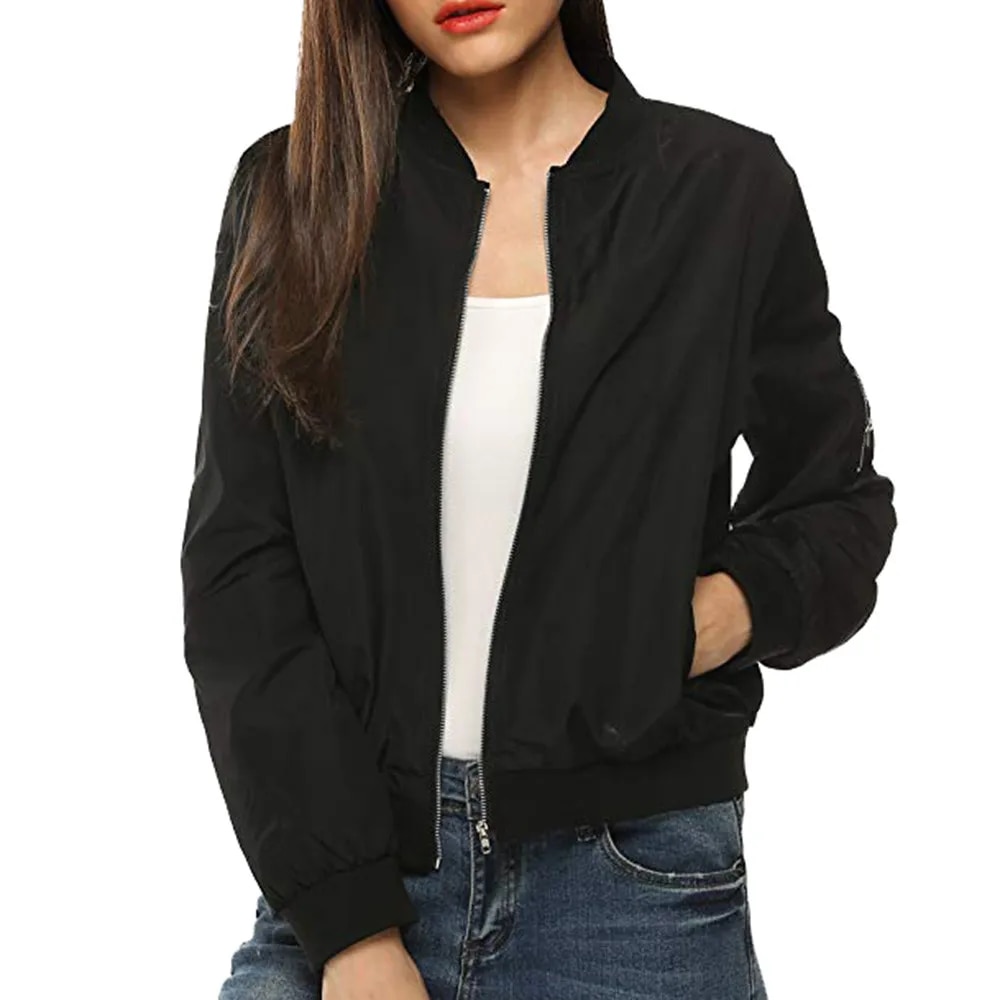 용수철 여성용 클래식 짧은 보머 코트, 솔리드 집업 재킷 블랙 레드, 여성 상의, 가을
