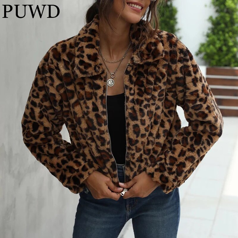 PUWD 여성용 레오파드 프린트 플러시 짧은 재킷, 2021 가을 겨울 레트로 지퍼 레저 느슨한 여성 아웃웨어