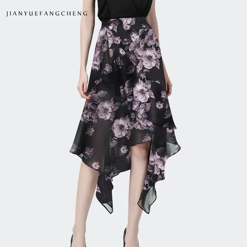 여성용 여름 꽃 프린트 블랙 쉬폰 롱 스커트, 하이 웨이스트 A 라인, 불규칙한 길이, 우아한 플로랄 캐주얼 패션