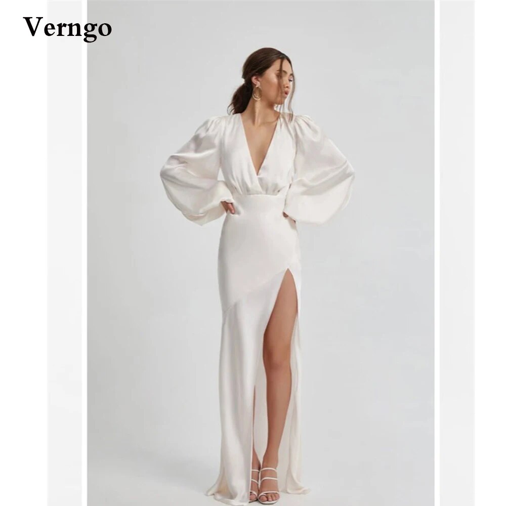 Verngo 여성용 심플 화이트 실크 이브닝 드레스, 퍼프 긴팔, V 넥 사이드 슬릿, 공식 행사 맞춤 제작 의류