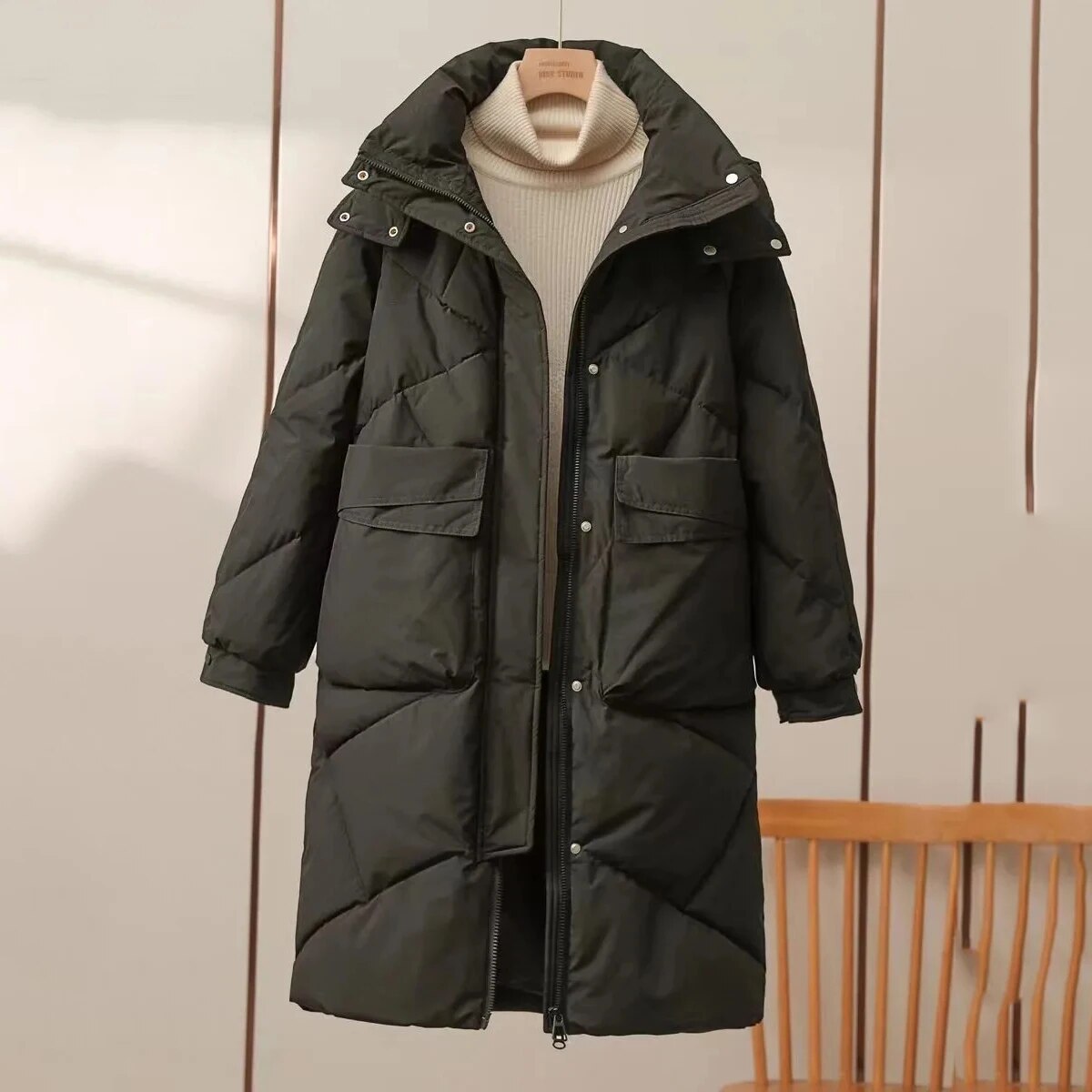 여성용 겨울 재킷, 방풍 대형 포켓, 다운 면 후드 캐주얼 루즈 코트