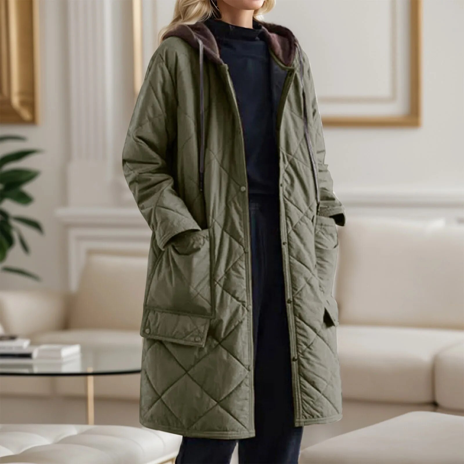 오버사이즈 후드 싱글 브레스트 빅 포켓 중간 길이 여성 코트, 빈티지 경량 따뜻한 외투, 신상 루즈 재킷, 겨울