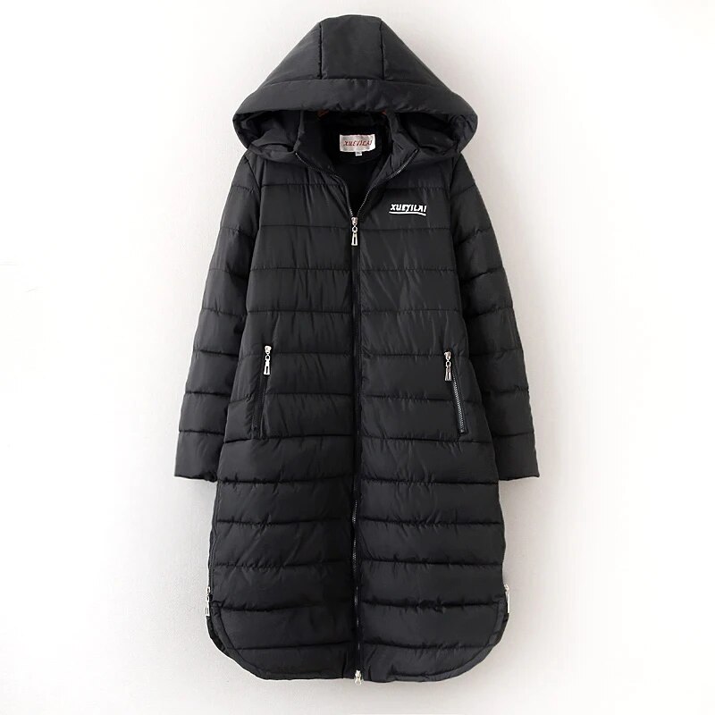 여성용 두꺼운 다운 코튼 단색 재킷, 블랙 지퍼 후드 롱 코트, 3XL-6XL 겨울 파카, A25, 2023 신상