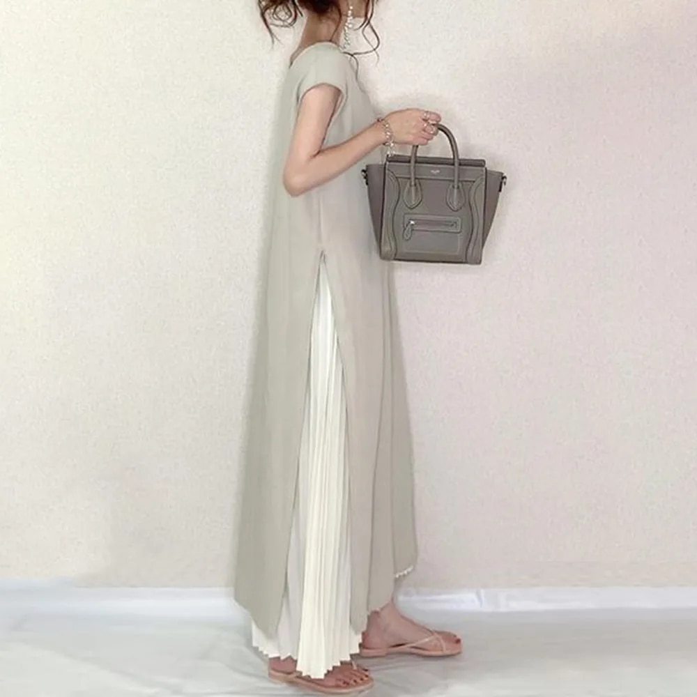일본 스타일 단색 루즈 2 피스 세트, 크림프 스티칭, 라지 스윙, 반팔, 긴 여성 드레스, 여름