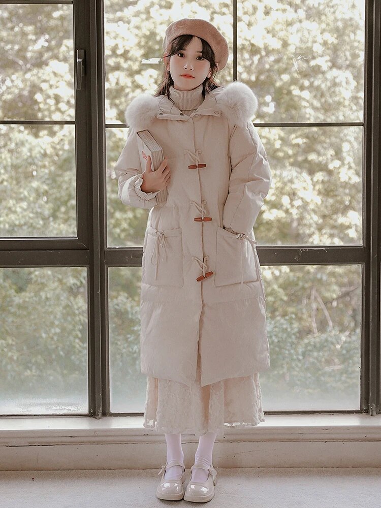 베이지 덕 다운 코트 중간 길이 혼 버클 여성용, 따뜻한 그레이스 재킷, 고품질, 도매 주문, 겨울