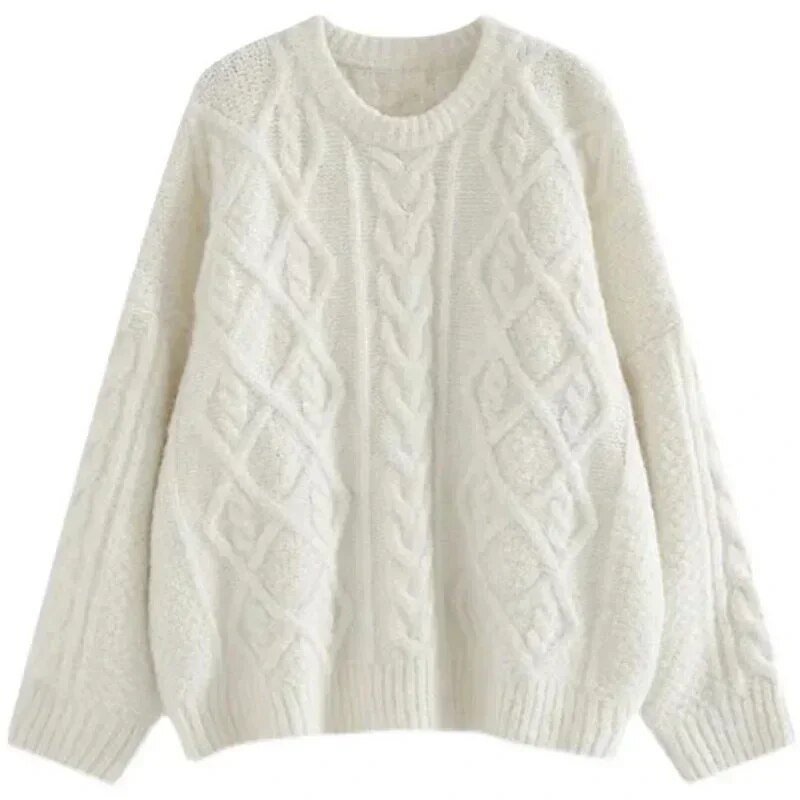 여성용 트위스트 스웨터, 부드러운 접착, 올매치 유백색 라운드 넥, 루즈 풀오버, 외투 니트, 가을 및 겨울