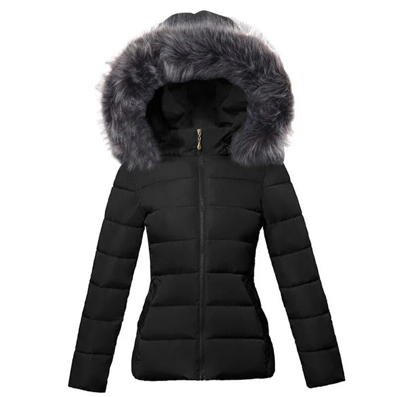 여성용 블랙 겨울 재킷, 큰 모피 후드, 두꺼운 다운 파카, 짧은 따뜻한 코트, 2023 신상 패션