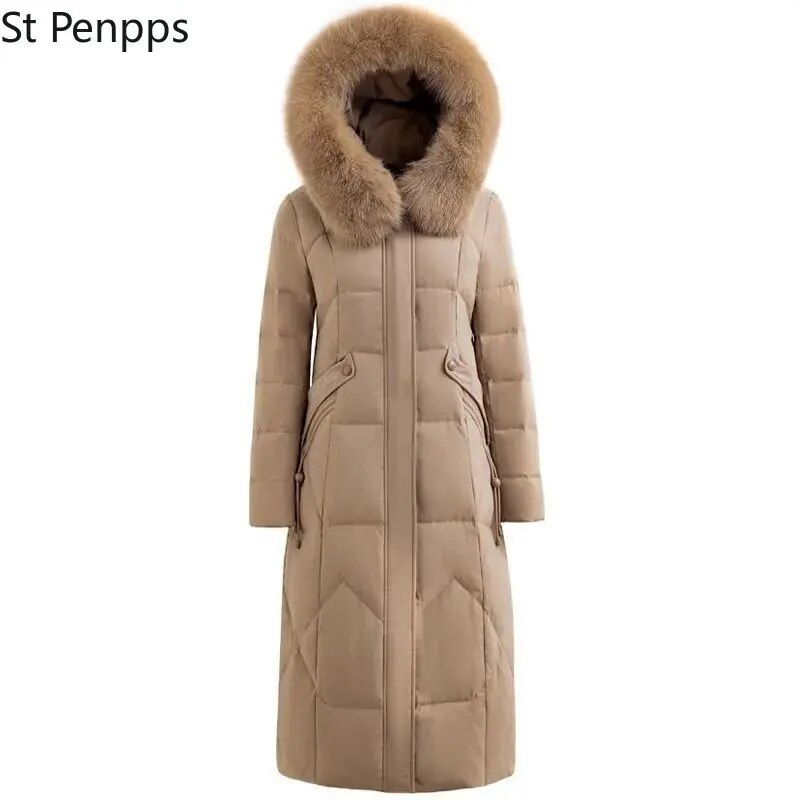 여성용 후드 다운 재킷, 중간 길이, 모피 칼라, 단색, 슬림핏, 두꺼운 패딩 캐주얼, 겨울