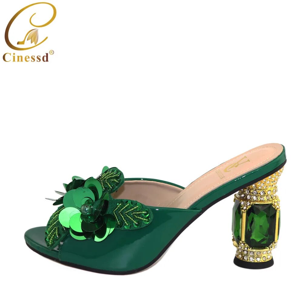 최신 녹색 색상 아프리카 펌프스 신발, 여름 하이힐, 이탈리아 여성 웨딩 라인석 우아한 슬리퍼
