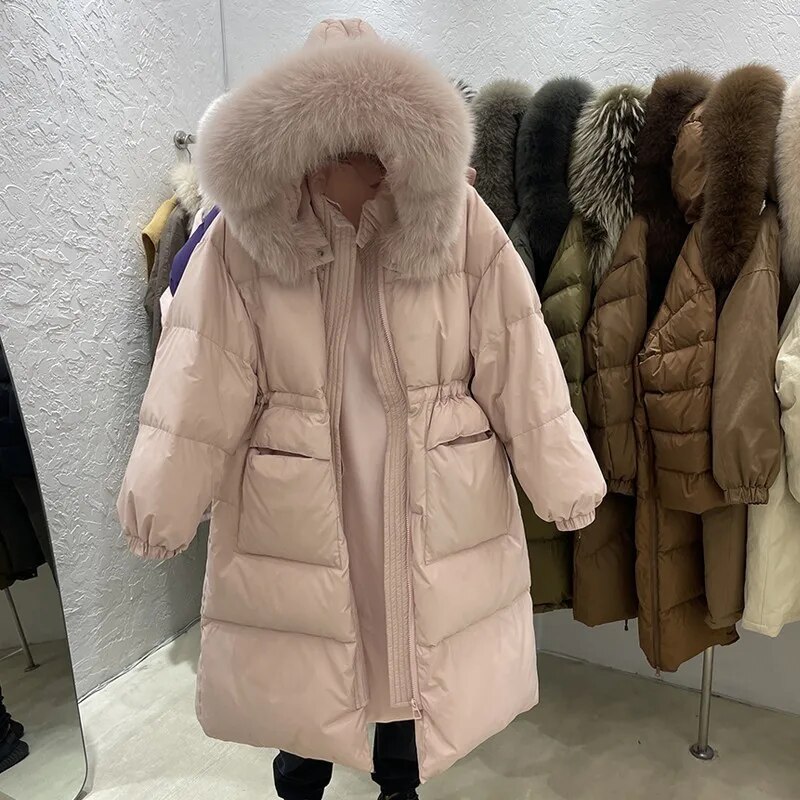 여성용 긴 퍼퍼 재킷, 두꺼운 따뜻한 후드 대형 너구리 털 스노우 파카, 화이트 덕 다운 코트, 겨울 90%, 2022 신상