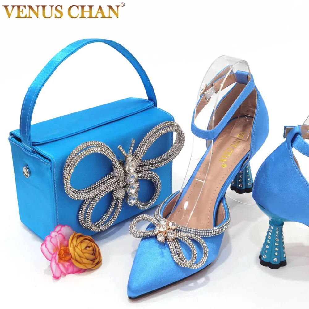 Venus Chan 2023 여성용 여름 특별 디자인 하늘색 아프리카 여성 신발 및 가방 세트, 웨딩 파티용 포인티드 토 펌프