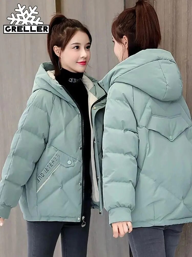 GRELLER 여성용 후드 파카, 두꺼운 면 패딩 재킷, 짧은 겨울 코트, 여성 아웃웨어, 가을, 2022 신상