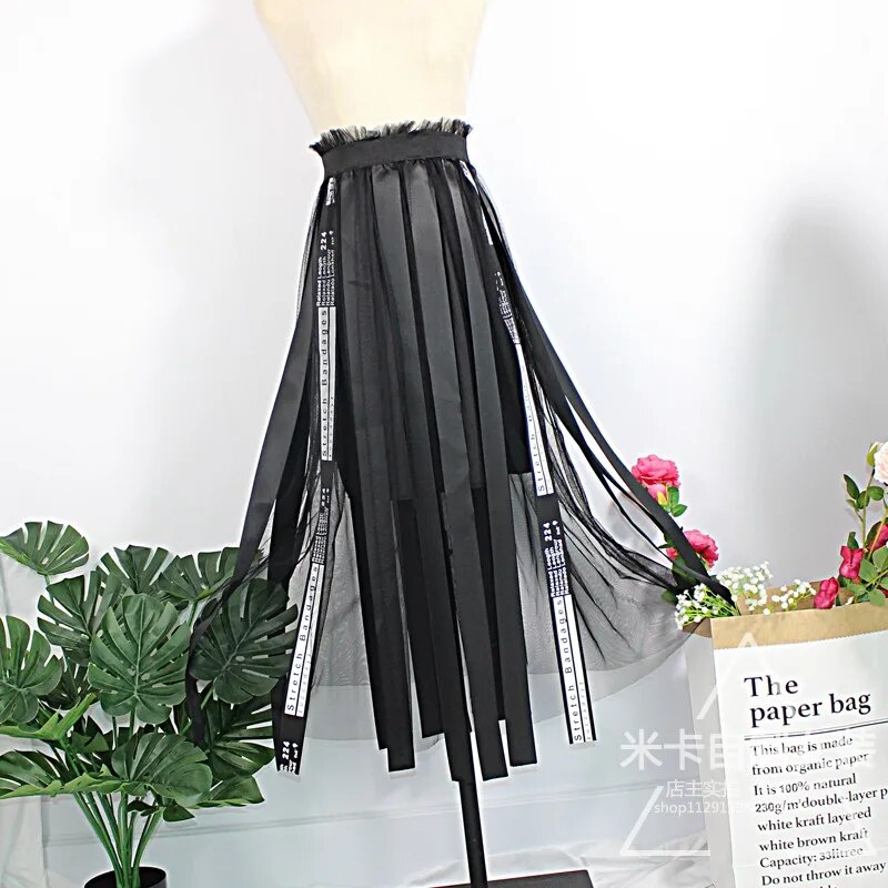 섹시한 태슬 레이스 메쉬 롱 A 라인 스커트, 신축성 있는 하이 웨이스트 블랙 얇은 명주 그물 미디 2021 한국 패션