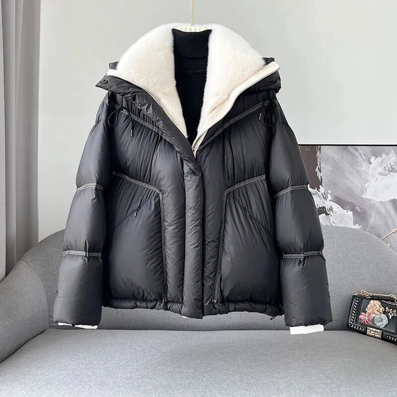 2023 겨울 여성 코트, 대형 모직 칼라, 두껍고 따뜻한 후드 다운 코튼 재킷, 외투, 스트리트웨어, 신상