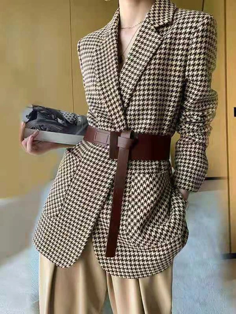 2023 한국 패션 코트, 우아한 여성 재킷, 오피스 레이디 캐주얼 격자 무늬 벨트, 오버사이즈 블레이저, 가을 신상