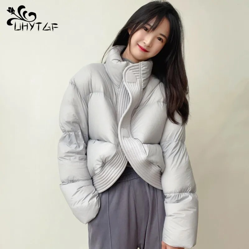 UHYTGF 여성용 다운 재킷 파카 겨울 따뜻한 코튼 오버코트, 방풍 캐주얼 짧은 코트, 2023 패션