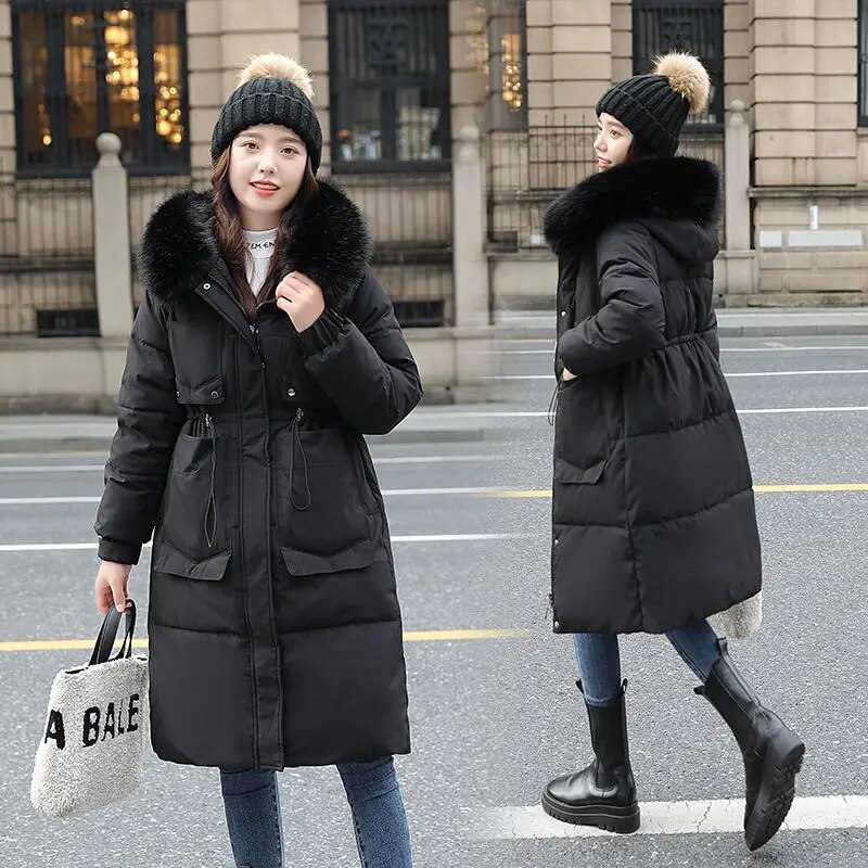 여성용 따뜻한 겨울 코트, 다운 코튼 모피 칼라 후드 재킷, 소녀 캐주얼 겉옷 여성 블랙 의류, Vy2010