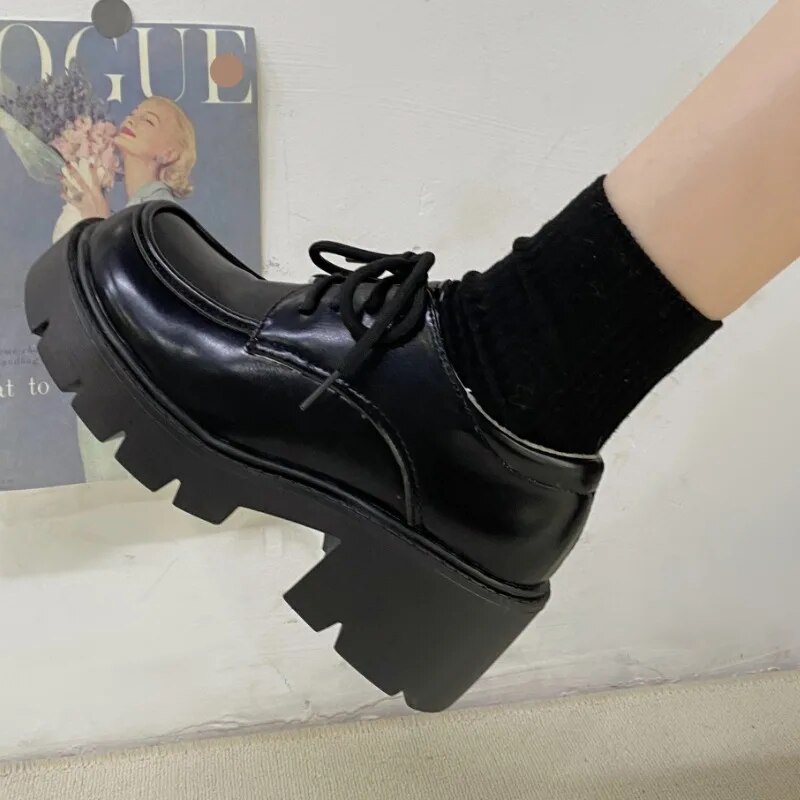 여성 유니폼 신발, 작은 가죽 영국 소녀, 일본 와일드 블랙 레트로 메리 제인 로리타 플랫폼 슈즈, 로우 힐