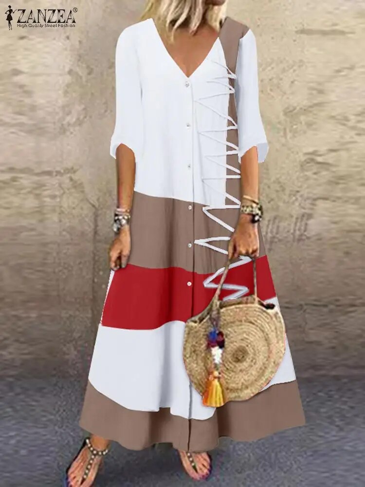 ZANZEA-여름 빈티지 롱 드레스, V 넥 3/4 슬리브 Sundress, 여성 패션 패치 워크 로브, 캐주얼 루즈한 비치 Vestidos 오버사이즈