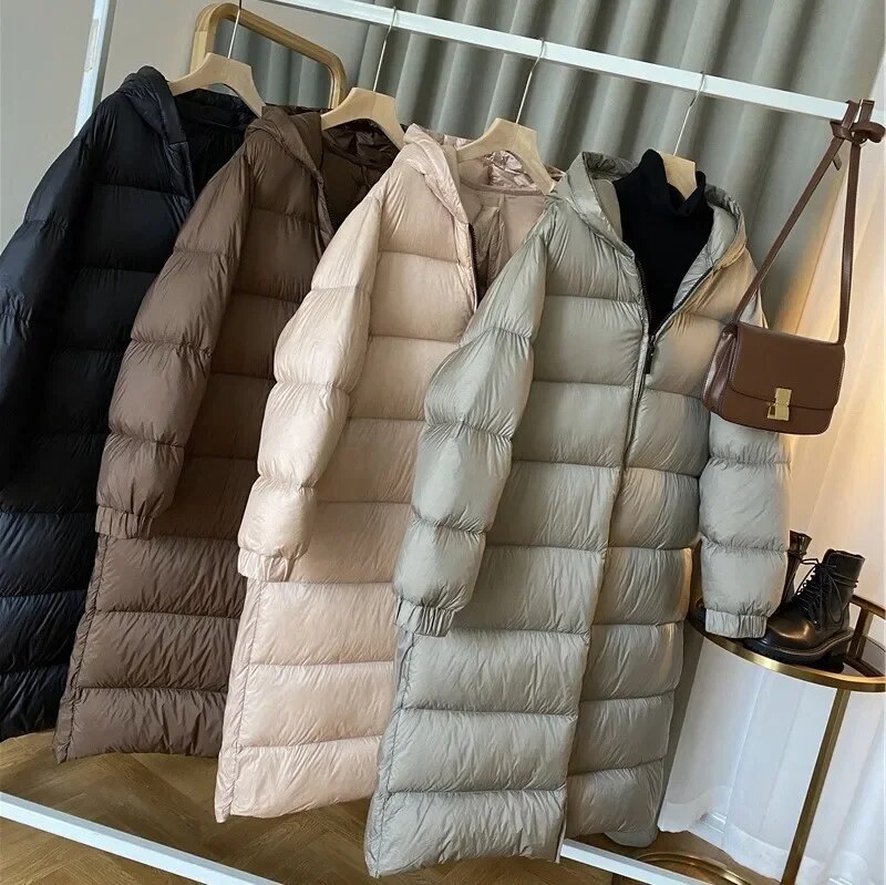 여성용 화이트 구스다운 코트, 중간 길이, 단색, 루즈핏, 방풍 후드, 따뜻한 다운 재킷, 여성 파카, 겨울